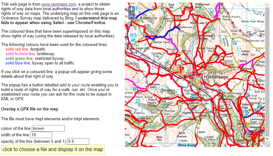 A screenshot from rowmaps.com showing a map Hathersage in Derbyshire with rights of way marked